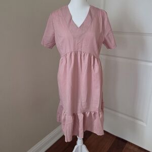 Pink V-Neck Ruffle Hem Dress